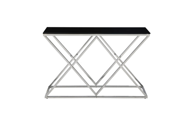 Beverly console table with silver frame and black tempered glass top.