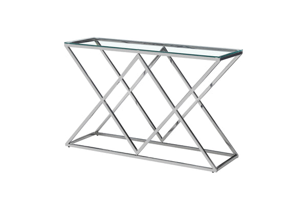 Beverly console table with silver frame and clear tempered glass top.