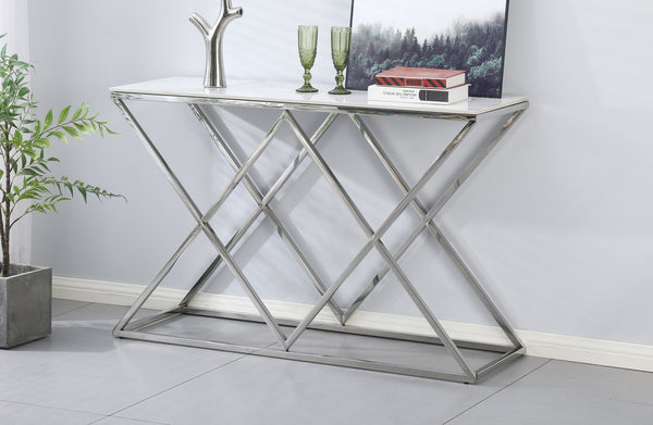 Beverly console table with silver frame and white marble top.