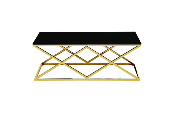 Beverly coffee table in gold frame with bold black tempered glass top.