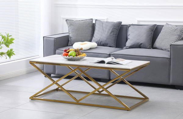 Beverly coffee table in gold polished frame with sintered white marble stone top.
