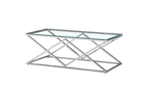 Beverly coffee table in polished silver frame with clear tempered glass top.