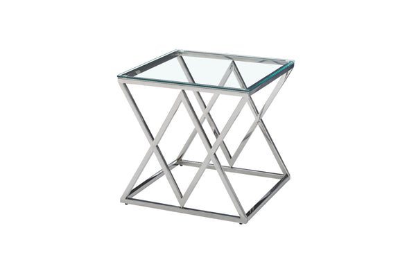 Beverly side table in polished silver frame with clear tempered glass top.