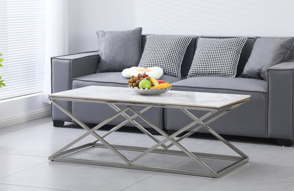 Beverly coffee table in silver polished frame with elegant white marble sintered stone top.