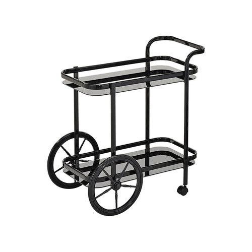 Sleek black bar cart with tinted glass and smooth rolling wheels.