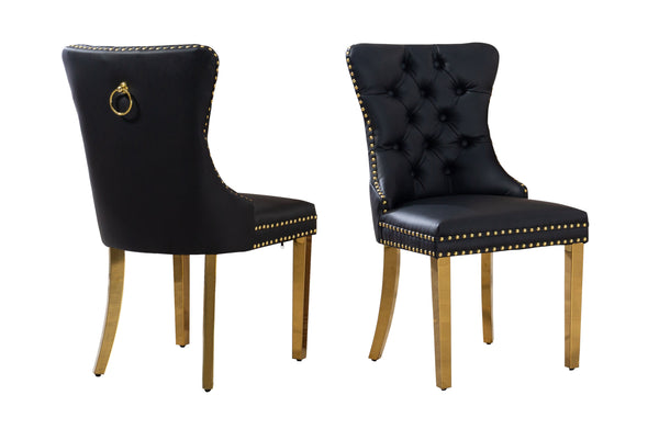Front and back view of black PU leather tufted dining chair with gold stainless steel legs, studded trim, and decorative pull-out ring handle.