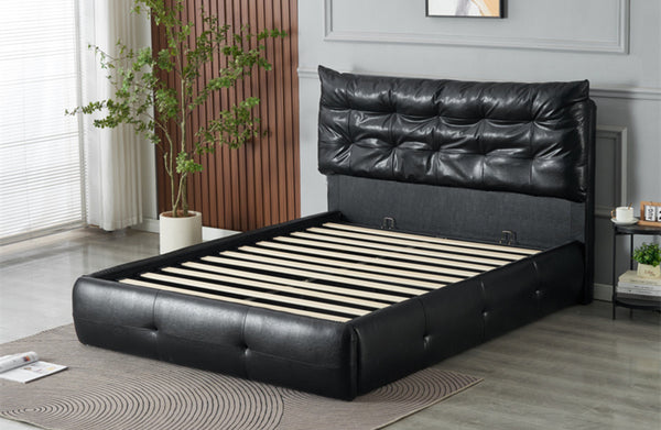 Black leather storage bed frame with slatted base and modern headboard