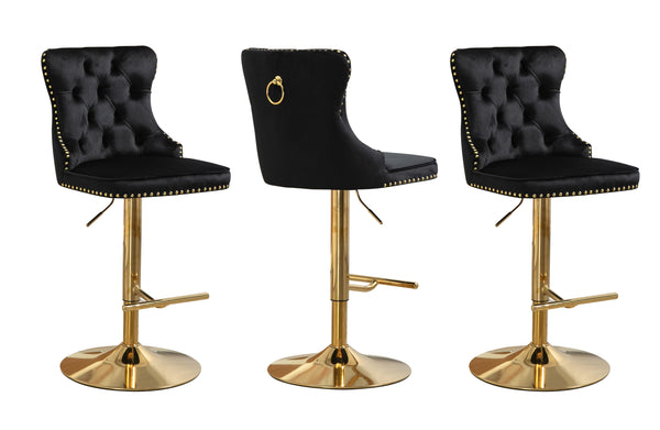 Elegant black velvet tufted swivel bar stool with stud trim and gold stand.