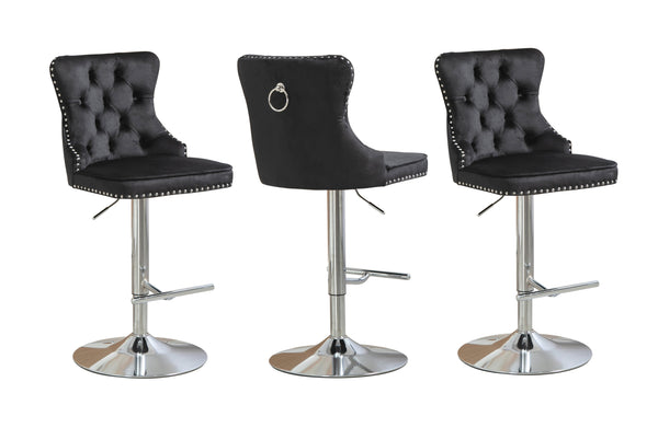 Modern black velvet swivel bar stool with tufted back, stud trim, and silver stand.