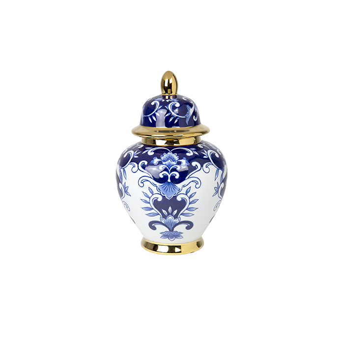 Elegant blue and gold ceramic ginger jar urn with intricate floral design and gold accents, ideal for decorative display or storage.