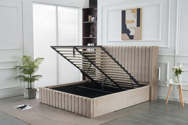 Light grey storage bed with lifted slats and hidden compartment