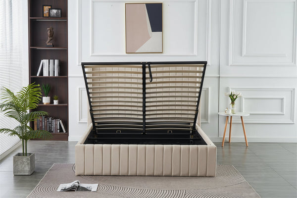 Velvet gas lift bed with open storage and modern bedroom setting