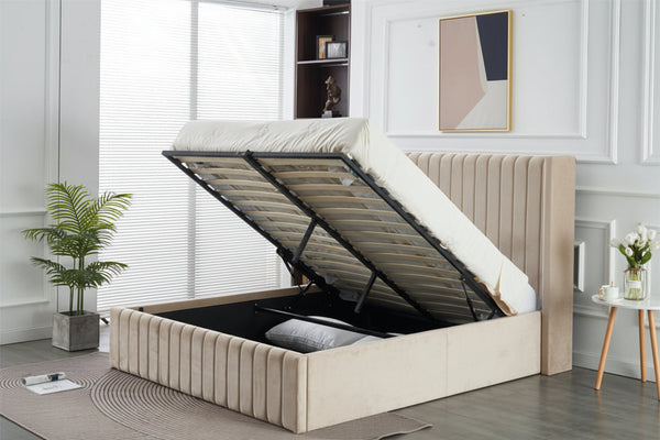 Light grey velvet bed with gas lift storage base open view