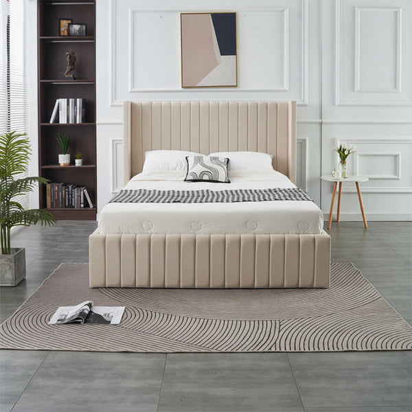 Light grey velvet bed with tall headboard and elegant modern design