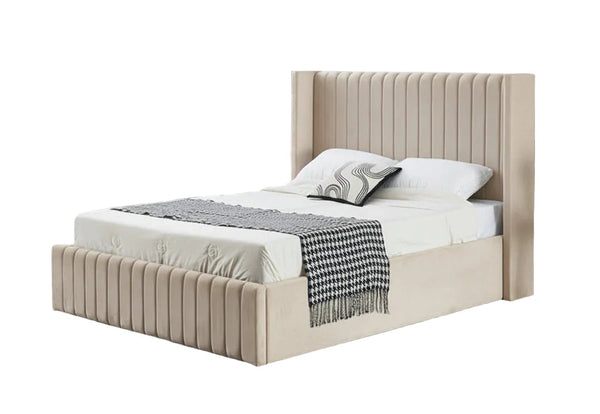 Light grey velvet gas lift bed with modern upholstered headboard