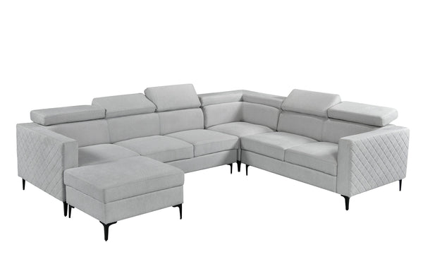 Light grey Boston modular lounge with diamond stitching and adjustable headrests on black legs.