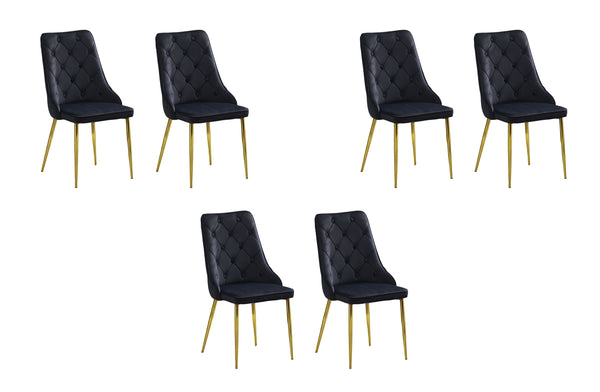 Set of 6 black velvet button tufted dining chairs with black legs displayed together.