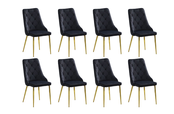 Set of 8 black velvet button tufted dining chairs with black legs displayed together.