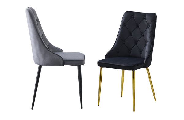 Black and grey button tufted dining chairs with velvet upholstery and metal legs for elegance.