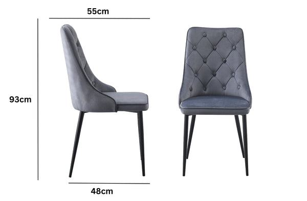 Grey velvet button tufted dining chair with black legs shown with detailed size dimensions.