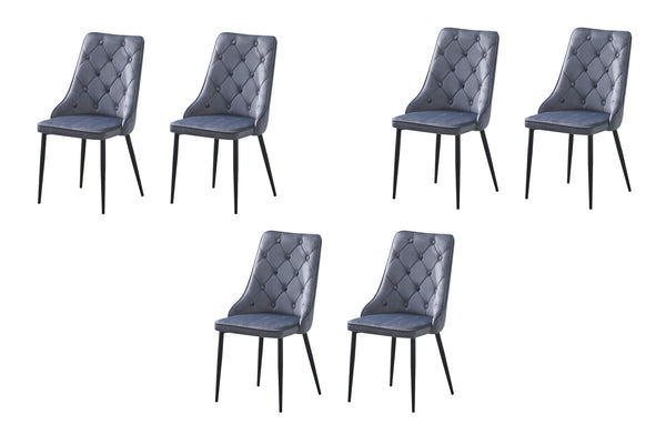 Set of 6 grey velvet button tufted dining chairs with black legs displayed together.