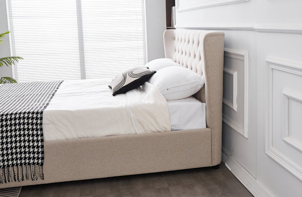 Side profile of Cambridge Linen Tufted Bed highlighting linen texture and tufted design.