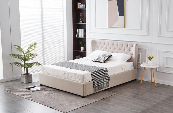 Cambridge Linen Tufted Bed styled in a modern bedroom with tan beige upholstery.