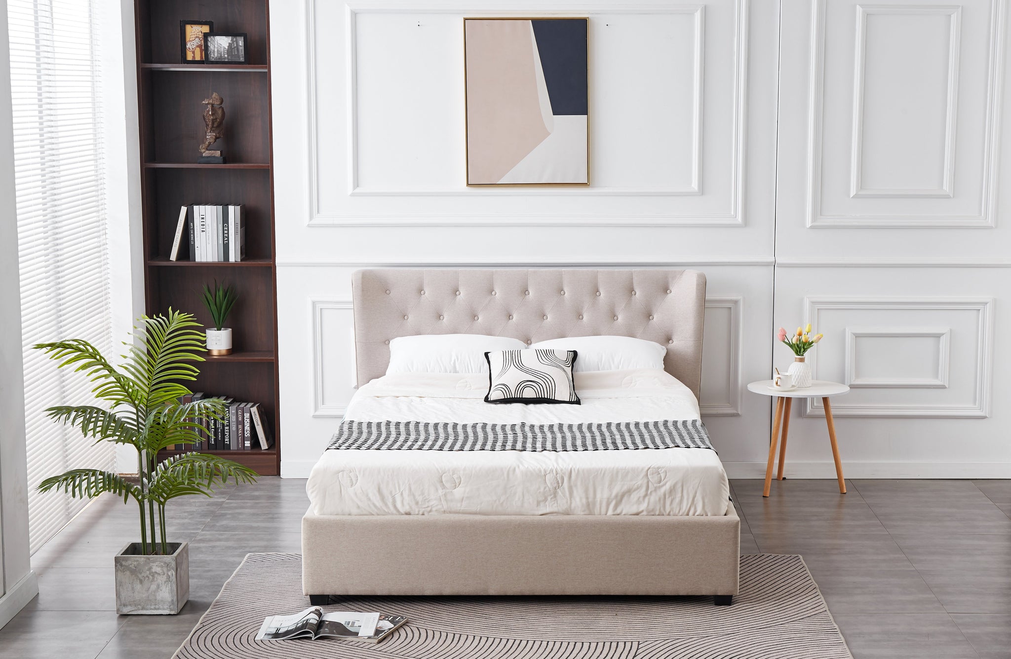 Front view of Cambridge Linen Tufted Bed showcasing elegant tan beige finish.