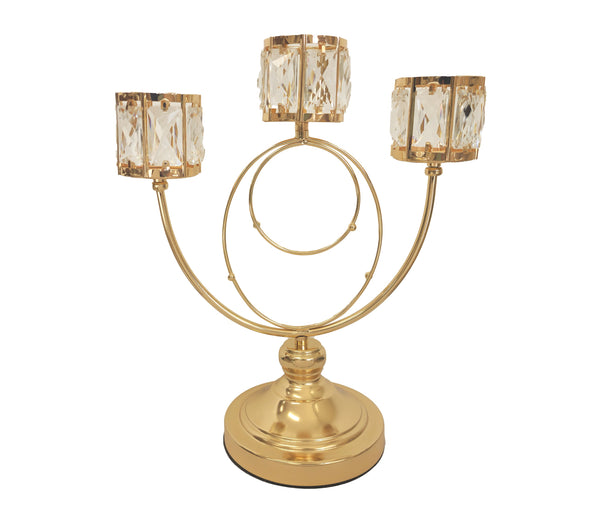 Elegant gold candle holder with crystal cups and modern base.