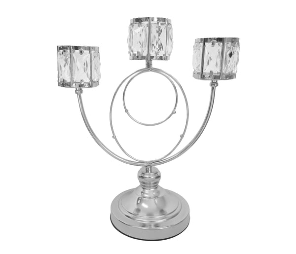 Shiny silver candle holder with sparkling crystal detailing.