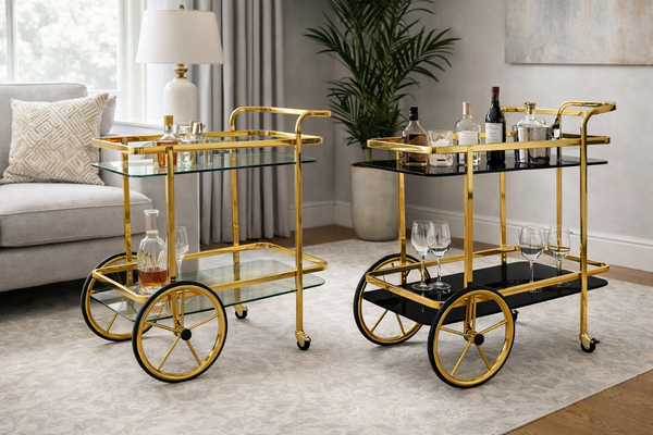 Gold glass drink trolleys styled with bottles and glassware perfect for chic home entertaining