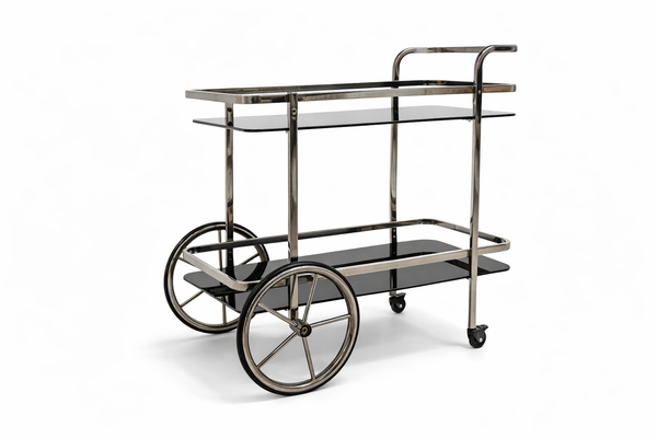 Titanium grey wheelcart with black glass tiers creating bold sophisticated serving and display space