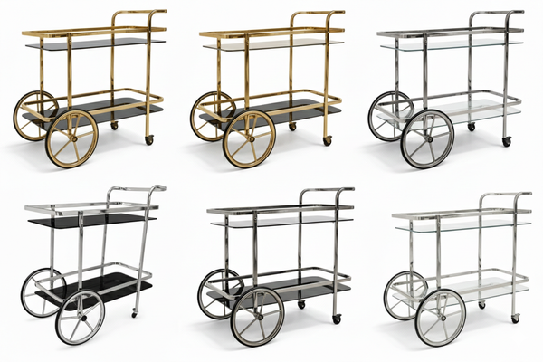 Gold silver and titanium grey drink trolleys with glass shelves showcasing sleek modern entertaining style