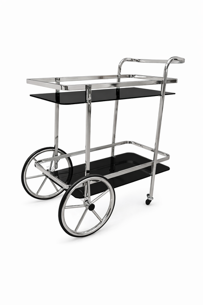 Shiny silver wheelcart with black glass tiers creating bold sophisticated serving and display space