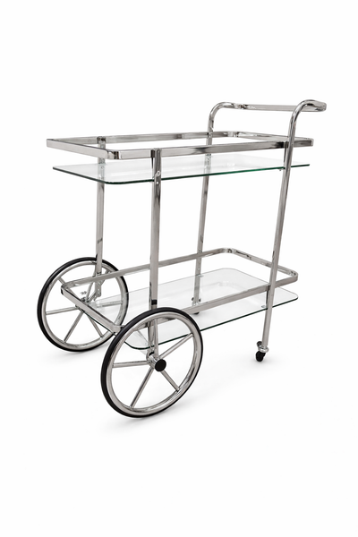 Polished silver drink wheelcart with clear glass shelves delivering sleek modern luxury entertaining style