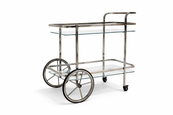 Titanium grey drink wheelcart with glass shelves offering sleek modern storage and serving elegance