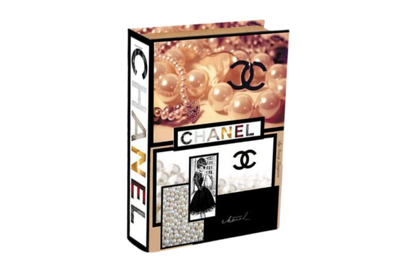Large pearl themed faux book storage box with luxury designer style print and hidden compartment.