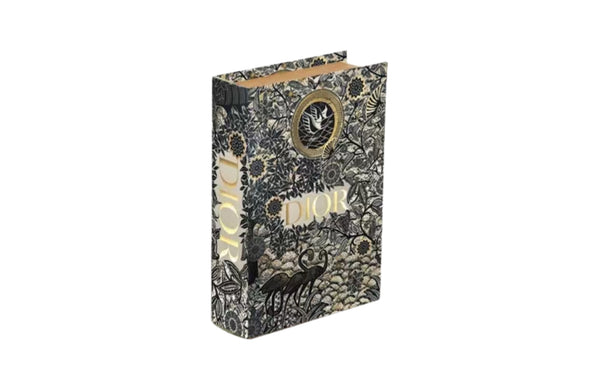 Medium decorative faux book box in black and gold with luxury designer inspired artwork and storage.