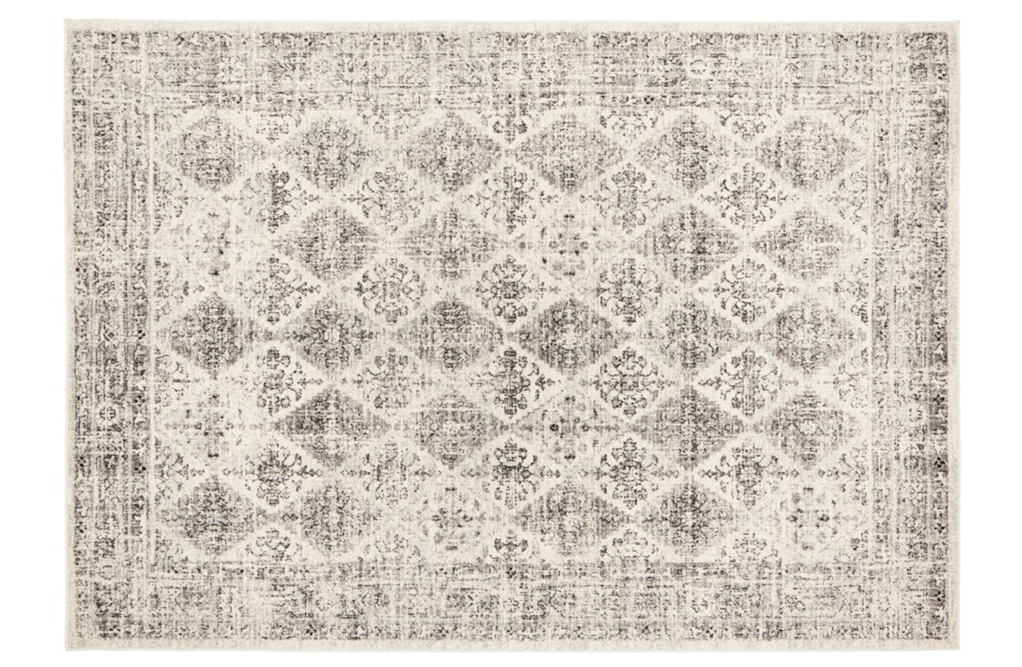 Flat lay of Century 999 Grey Rug with ornate diamond pattern