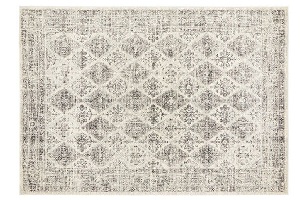 Flat lay of Century 999 Grey Rug with ornate diamond pattern