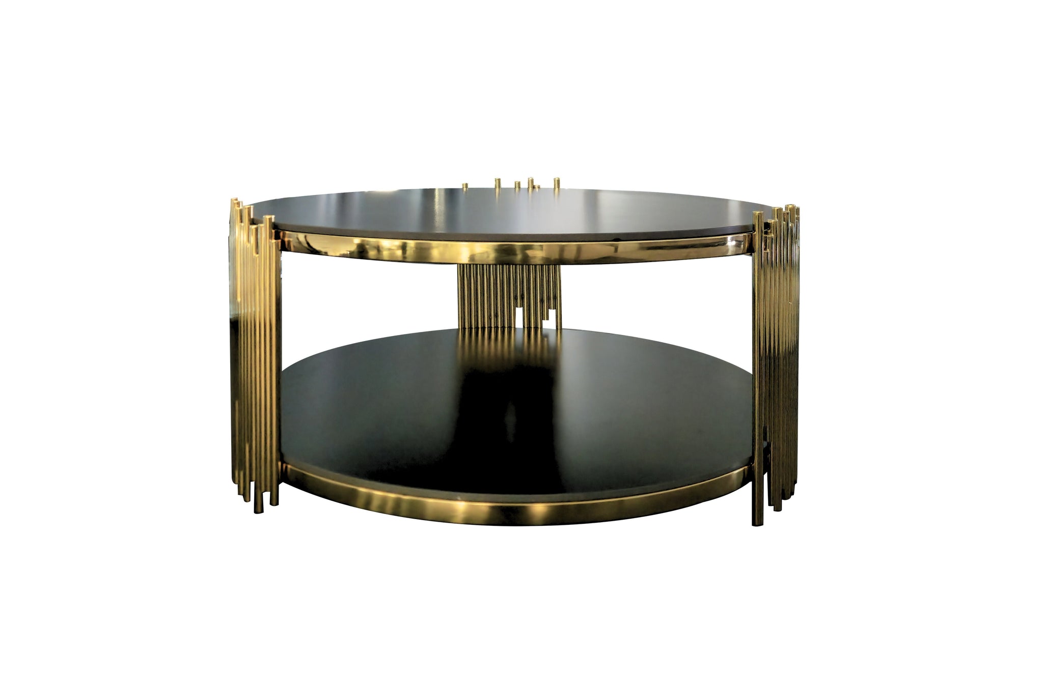 Chelsea round black marble coffee table with polished gold frame