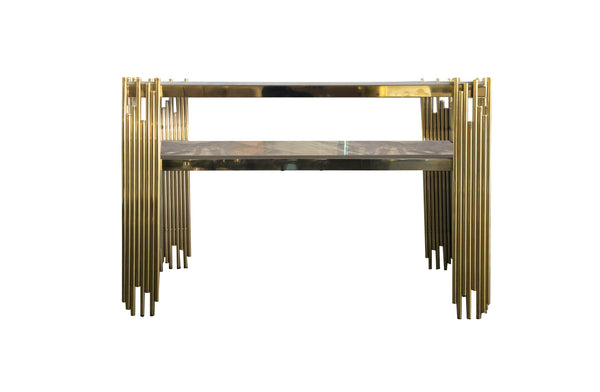Chelsea console table with polished gold frame and grey marble top.