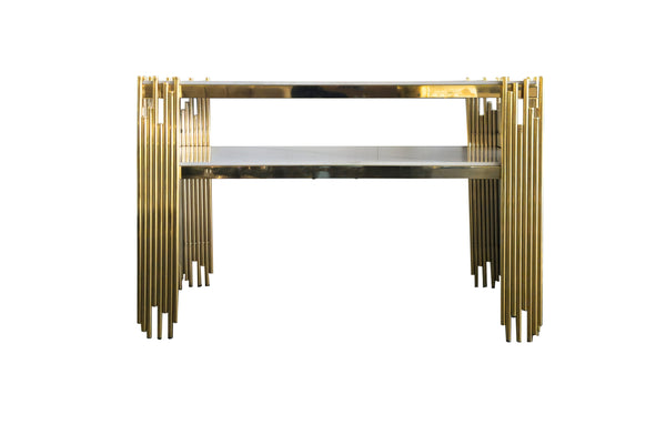 Chelsea console table with polished gold frame and white marble top.