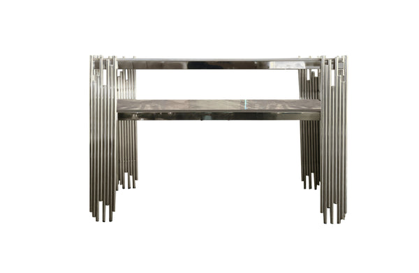 Chelsea console table with polished silver frame and grey marble top.