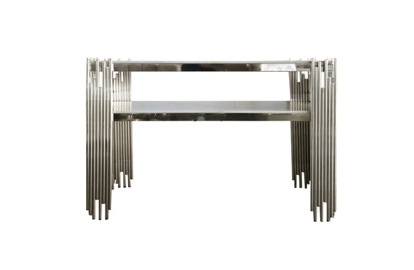 Chelsea console table with polished silver frame and white marble top.