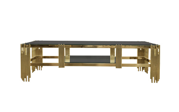 Chelsea TV Unit with polished gold stainless frame and elegant black marble top design.