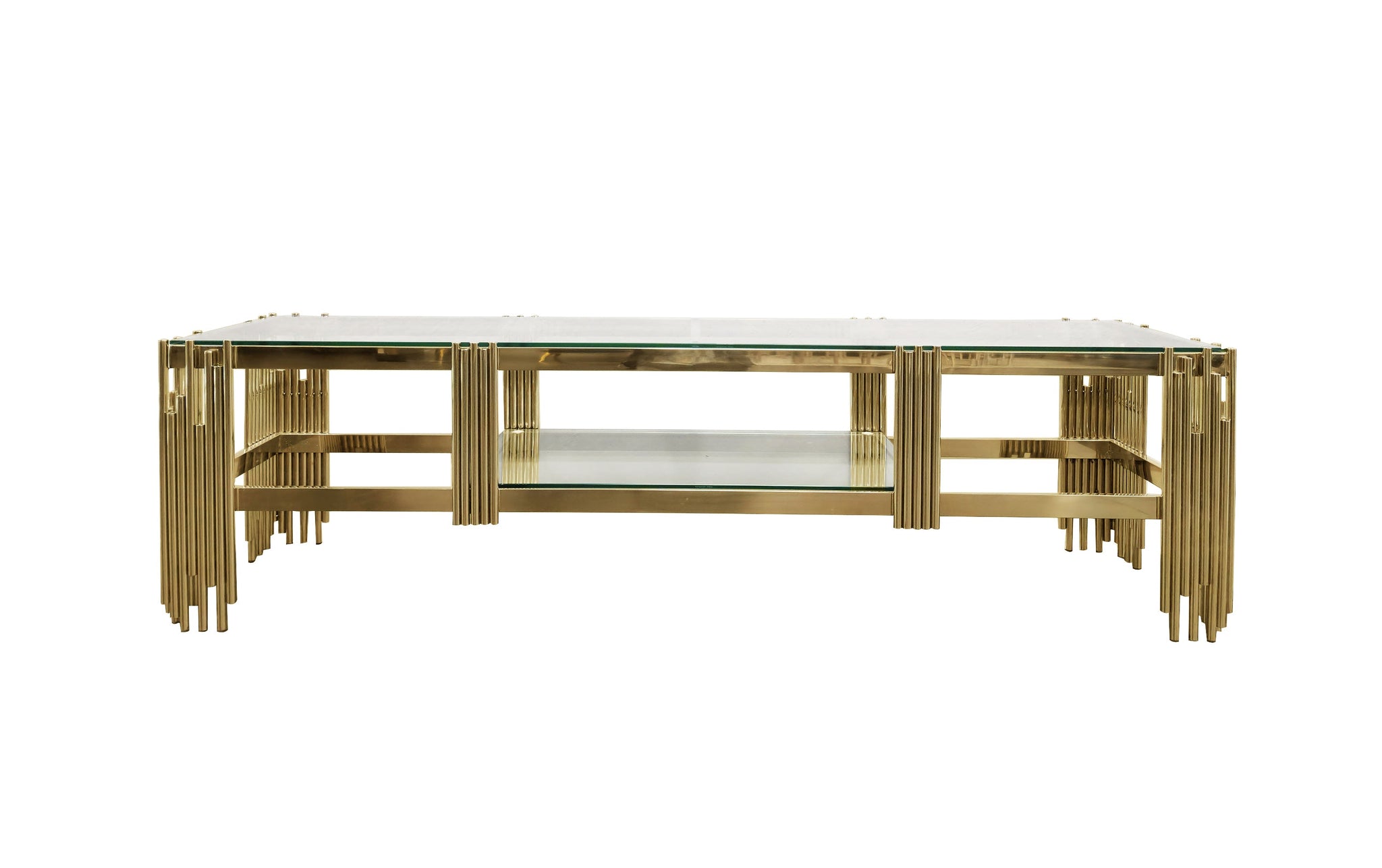 Chelsea TV Unit in polished gold frame with luxurious white marble top and shelf.