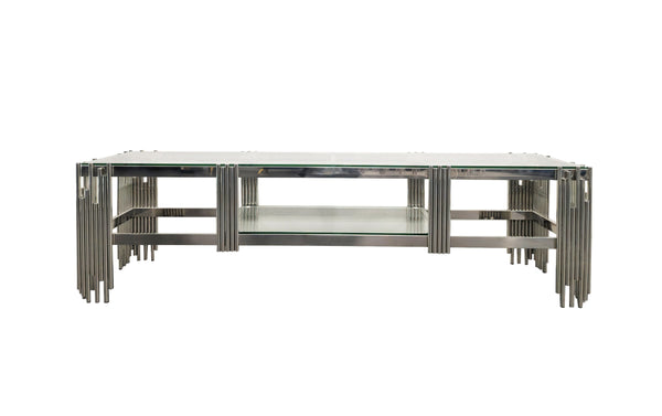 Chelsea TV Unit in polished silver frame with sleek white marble top and bottom shelf.