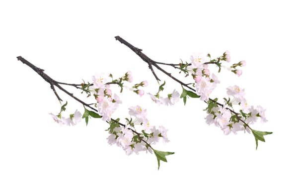 Set of two artificial light pink cherry blossom stems with lifelike blooms and greenery.