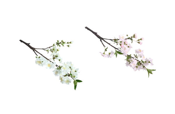 Lifelike artificial cherry blossom stems in white and pink, adding soft elegance to décor.